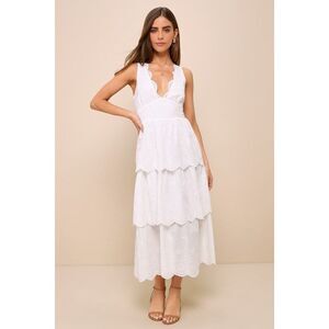 Lulus Sunshine Selection White Eyelet Embroidered Tiered Midi Dress - Size M